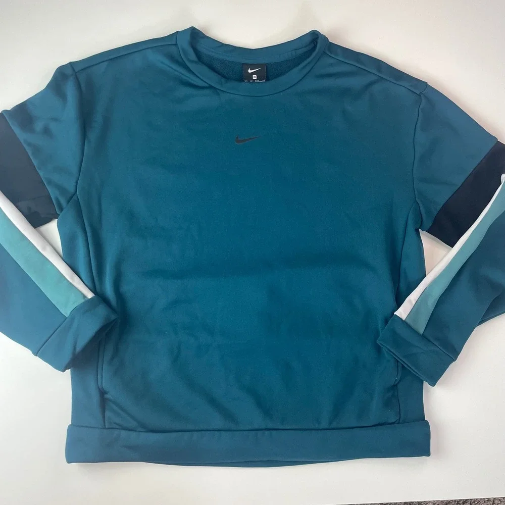 Nike Womens Therma Active Teal Blue Colorblock‎ Fleece Crewneck Sweatshirt XS